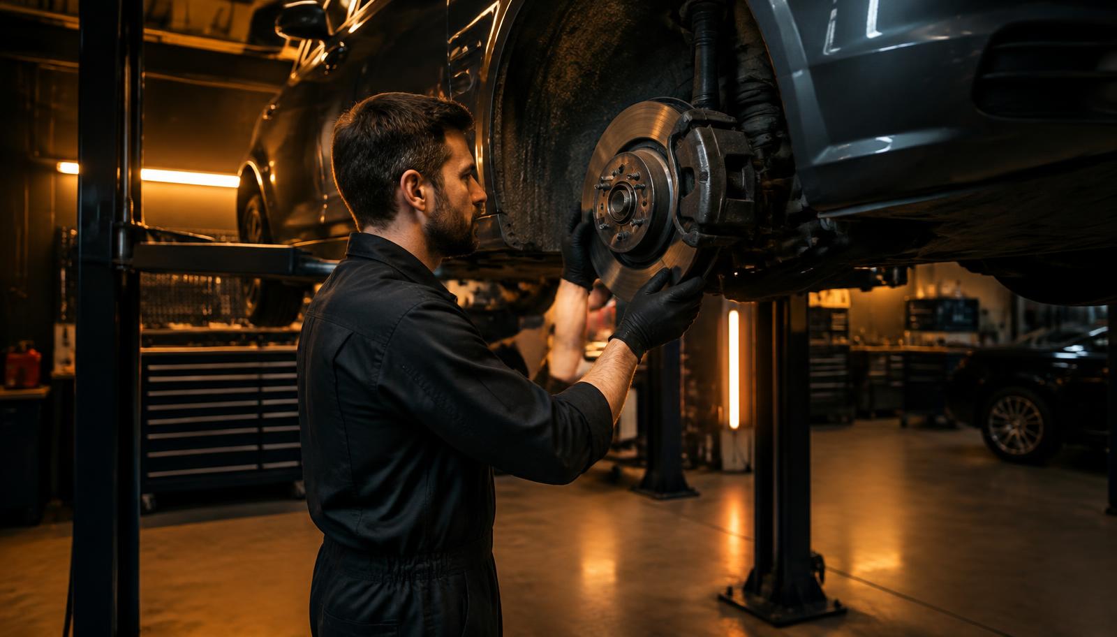 Mechanic inspecting a brake disc on a car raised on a lift in an auto repair garage