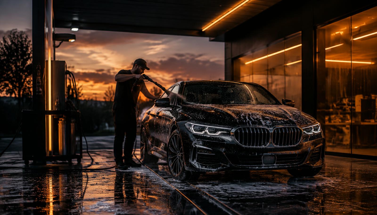 Car wash attendant pressure-washing a foam-covered black car in a detailing bay at sunset