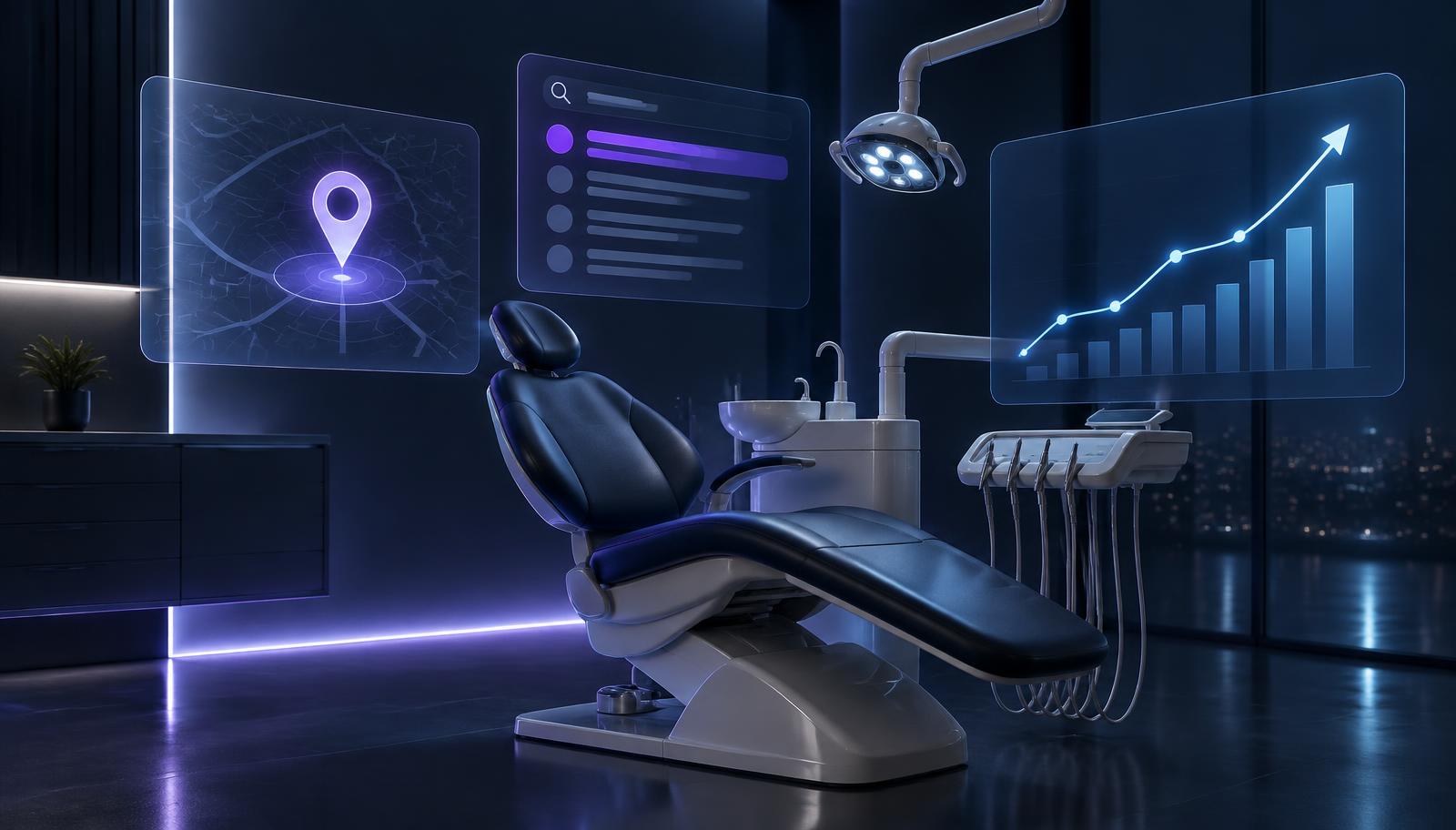 Modern dental clinic reception with a floating local search map and SEO analytics dashboard