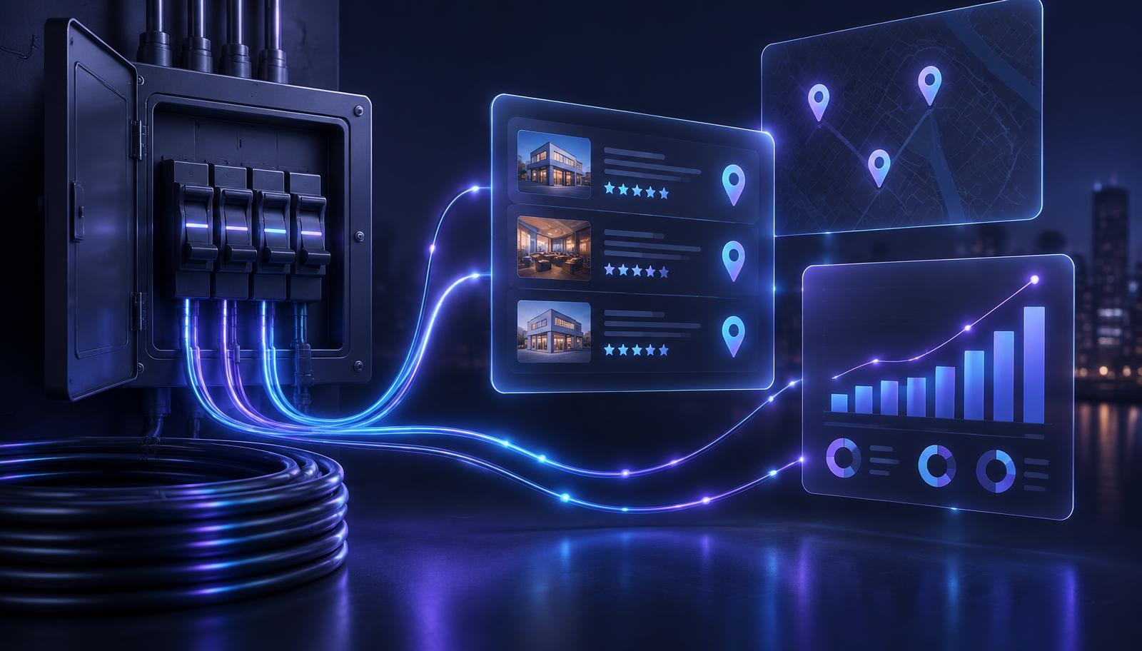 Electrical panel and tools with a holographic local search results and SEO performance dashboard