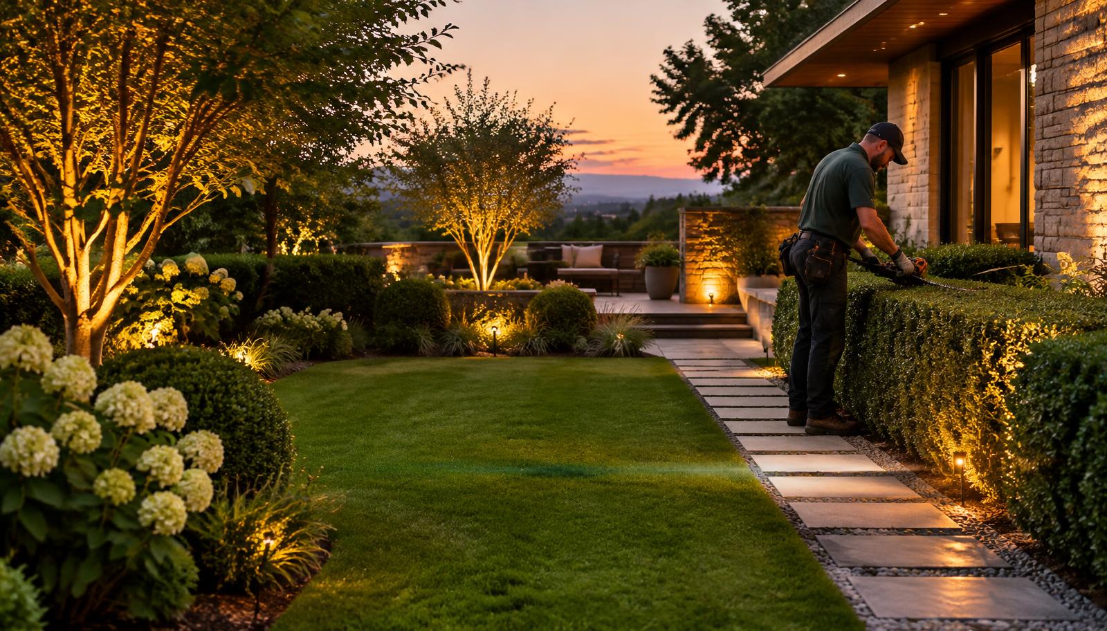 Landscaper trimming hedges beside a lawn and lit stone path in a landscaped garden at dusk