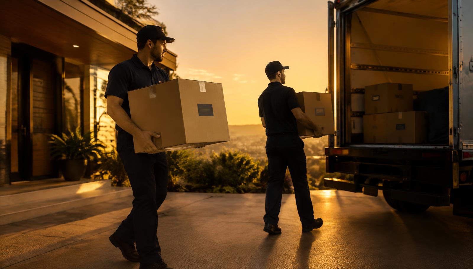 Two movers carrying cardboard boxes from a house to a moving truck at golden hour
