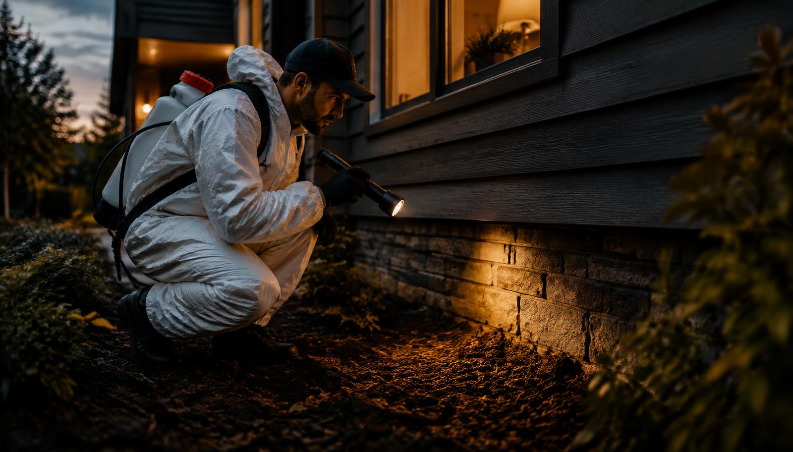 Pest control technician in protective gear inspecting a home's foundation with a flashlight