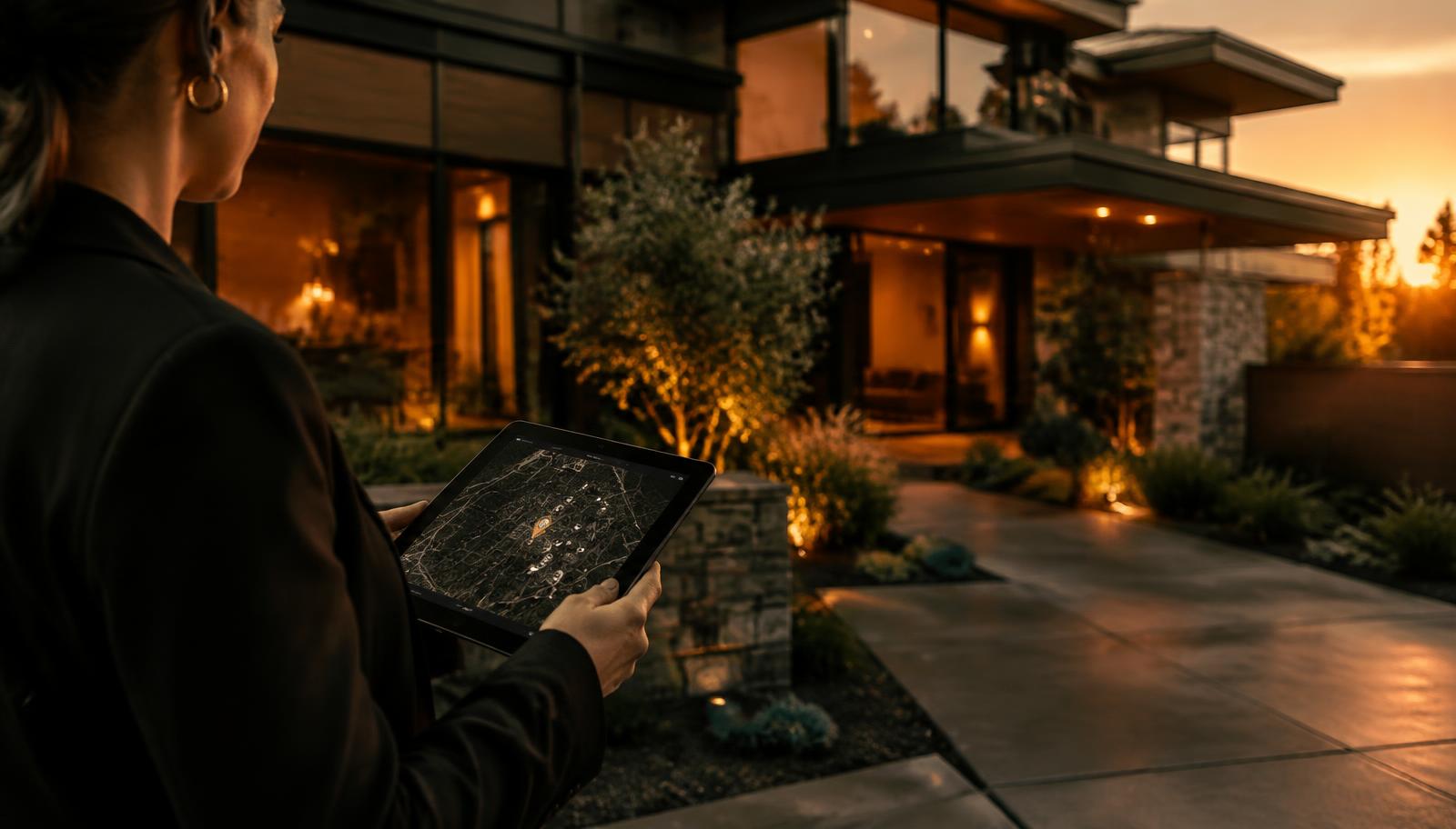 Real estate agent holding a tablet with a map outside a modern home at golden hour