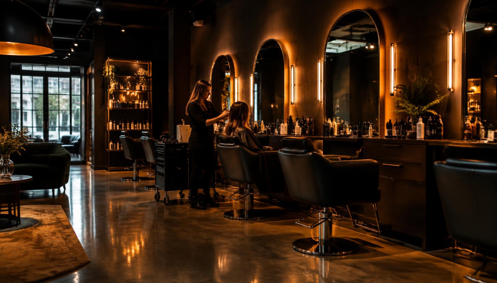 Stylist working on a client's hair in a modern salon with arched mirrors and warm lighting