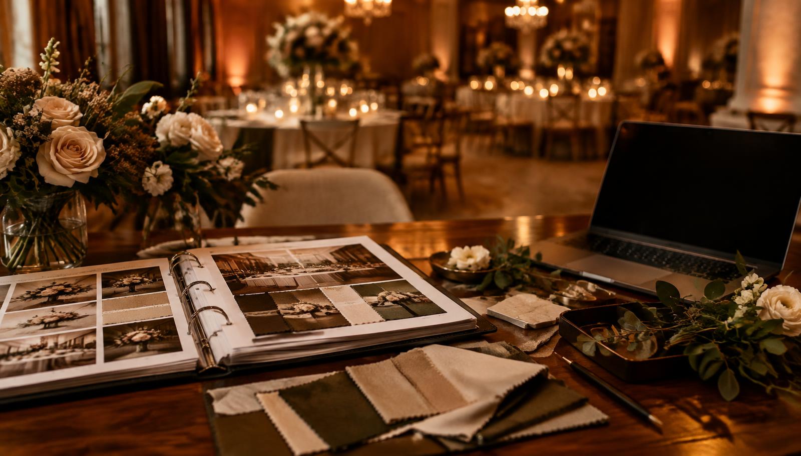 Wedding planner's desk with a planning binder, fabric swatches, flowers and a laptop, with a decorated reception venue behind